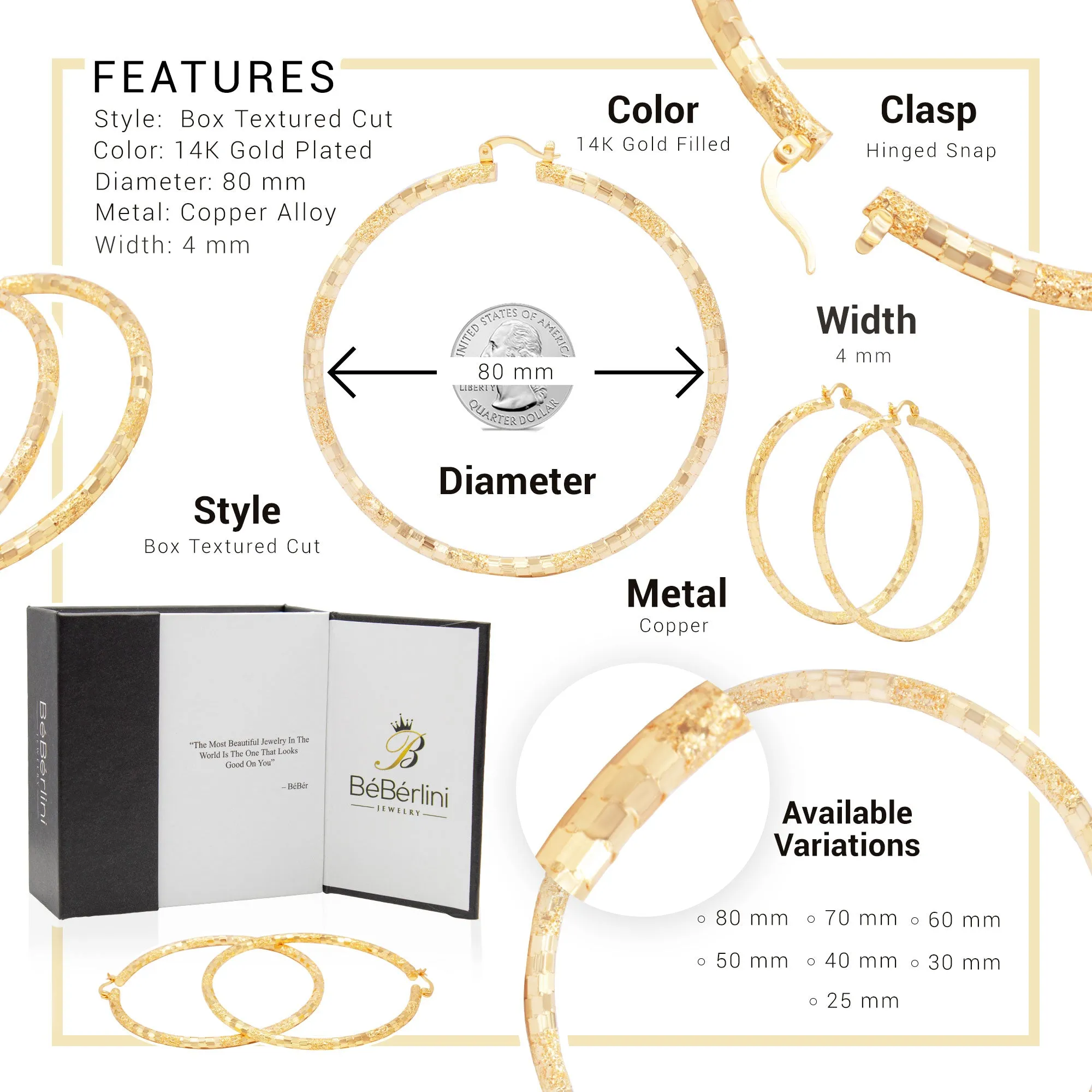 14K Gold-Filled Box Textured Cut Hoop Women Earrings 4 mm Thick 25-80 mm