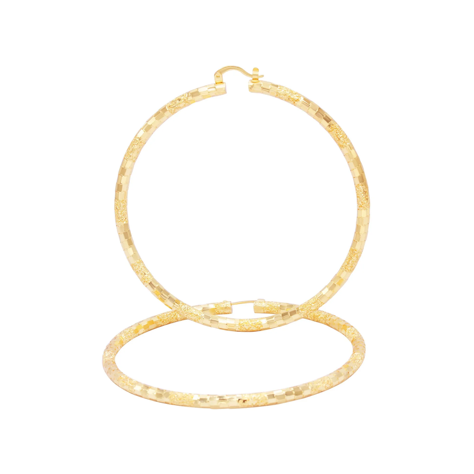 14K Gold-Filled Box Textured Cut Hoop Women Earrings 4 mm Thick 25-80 mm