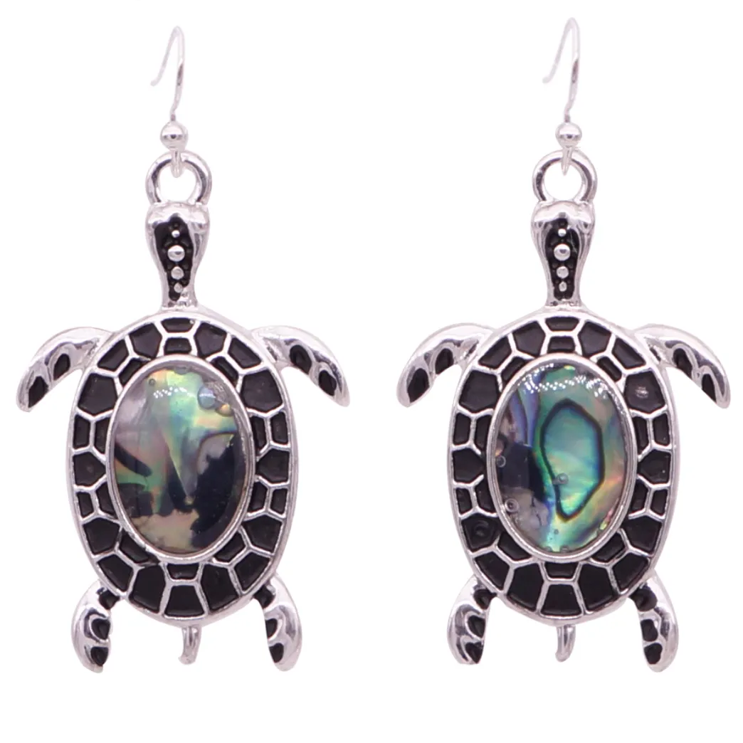 14K White Gold Iridescent Black Enamel Shell Turtle Necklace & Earrings Set for Woman
