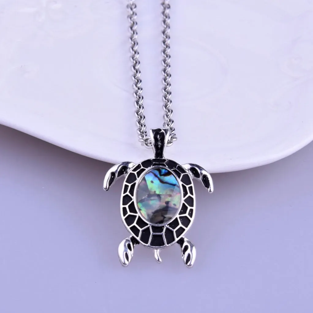 14K White Gold Iridescent Black Enamel Shell Turtle Necklace & Earrings Set for Woman