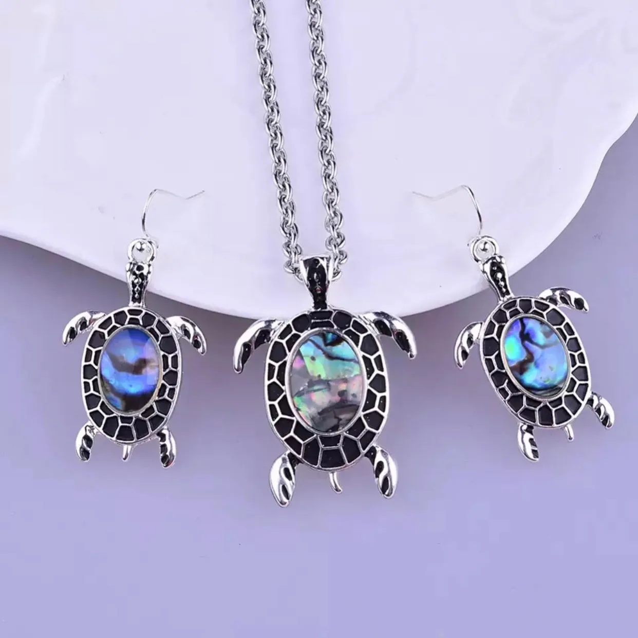 14K White Gold Iridescent Black Enamel Shell Turtle Necklace & Earrings Set for Woman