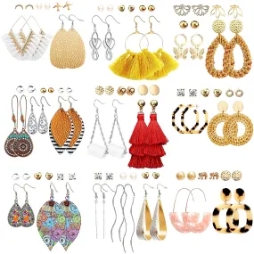 47 Pairs Fashion Earrings for Women Girls, Boho Statement Tassel Rattan Leather Earrings Ethnic Fashion Butterfly Stud Acrylic Hoop Silver Drop Dangle Earrings Set for Birthday Everyday Jewelry Gift STYLE 1
