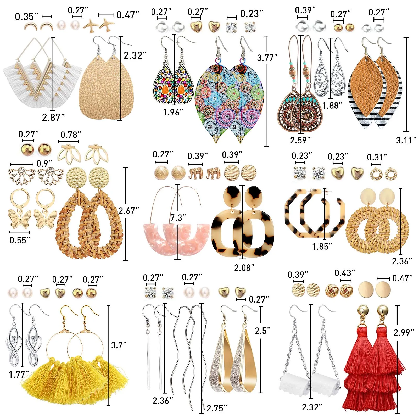 47 Pairs Fashion Earrings for Women Girls, Boho Statement Tassel Rattan Leather Earrings Ethnic Fashion Butterfly Stud Acrylic Hoop Silver Drop Dangle Earrings Set for Birthday Everyday Jewelry Gift STYLE 1