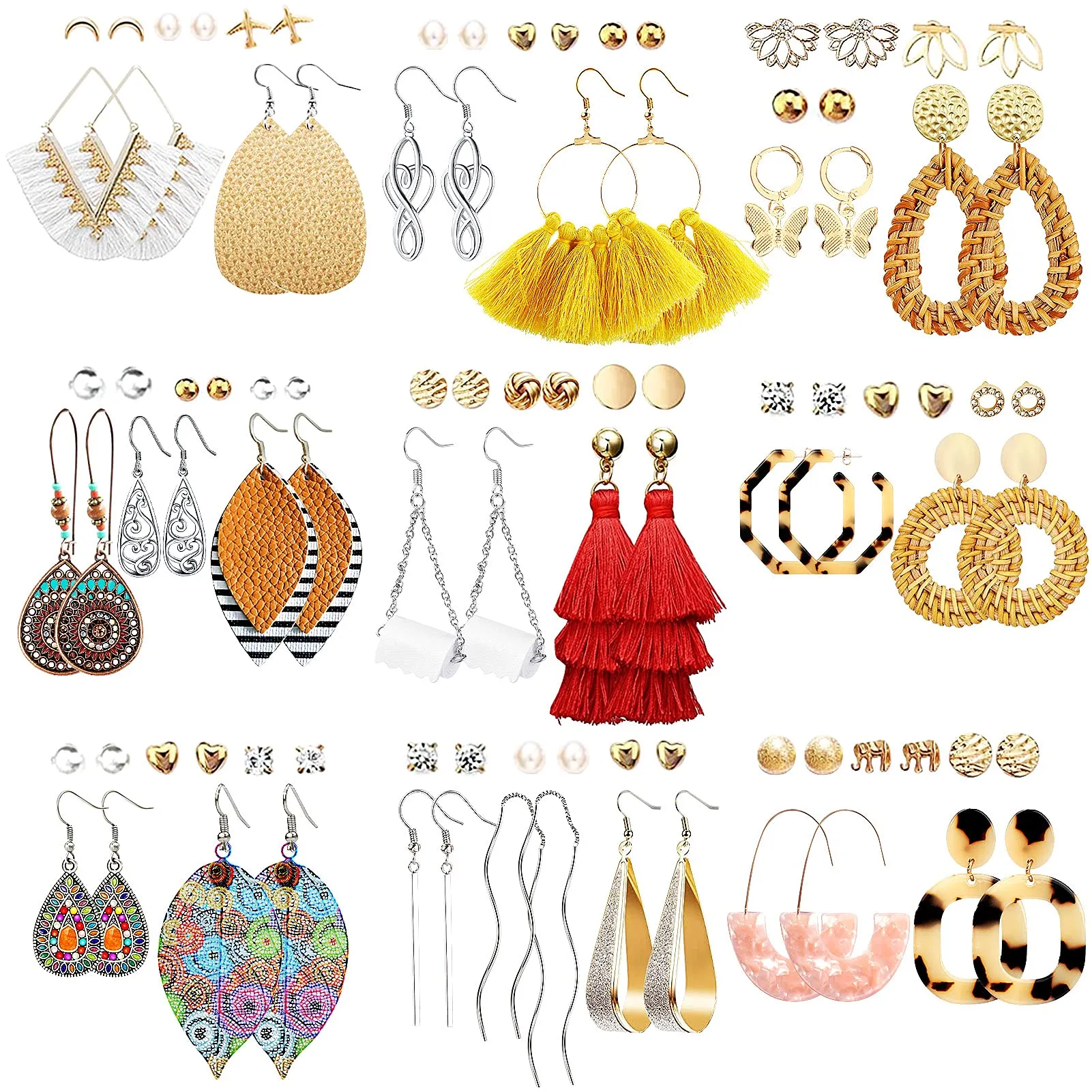 47 Pairs Fashion Earrings for Women Girls, Boho Statement Tassel Rattan Leather Earrings Ethnic Fashion Butterfly Stud Acrylic Hoop Silver Drop Dangle Earrings Set for Birthday Everyday Jewelry Gift STYLE 1