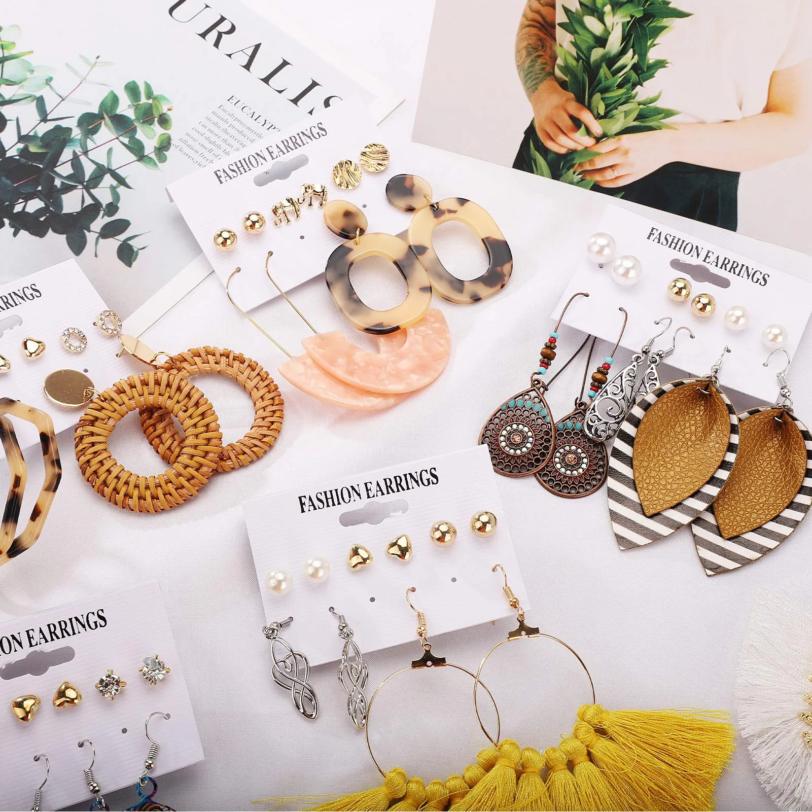47 Pairs Fashion Earrings for Women Girls, Boho Statement Tassel Rattan Leather Earrings Ethnic Fashion Butterfly Stud Acrylic Hoop Silver Drop Dangle Earrings Set for Birthday Everyday Jewelry Gift STYLE 1