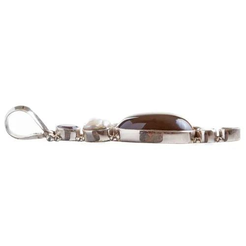 925 Sterling Silver Natural Gemstones Tigers Eye Pearl Pendant FJSVP2083