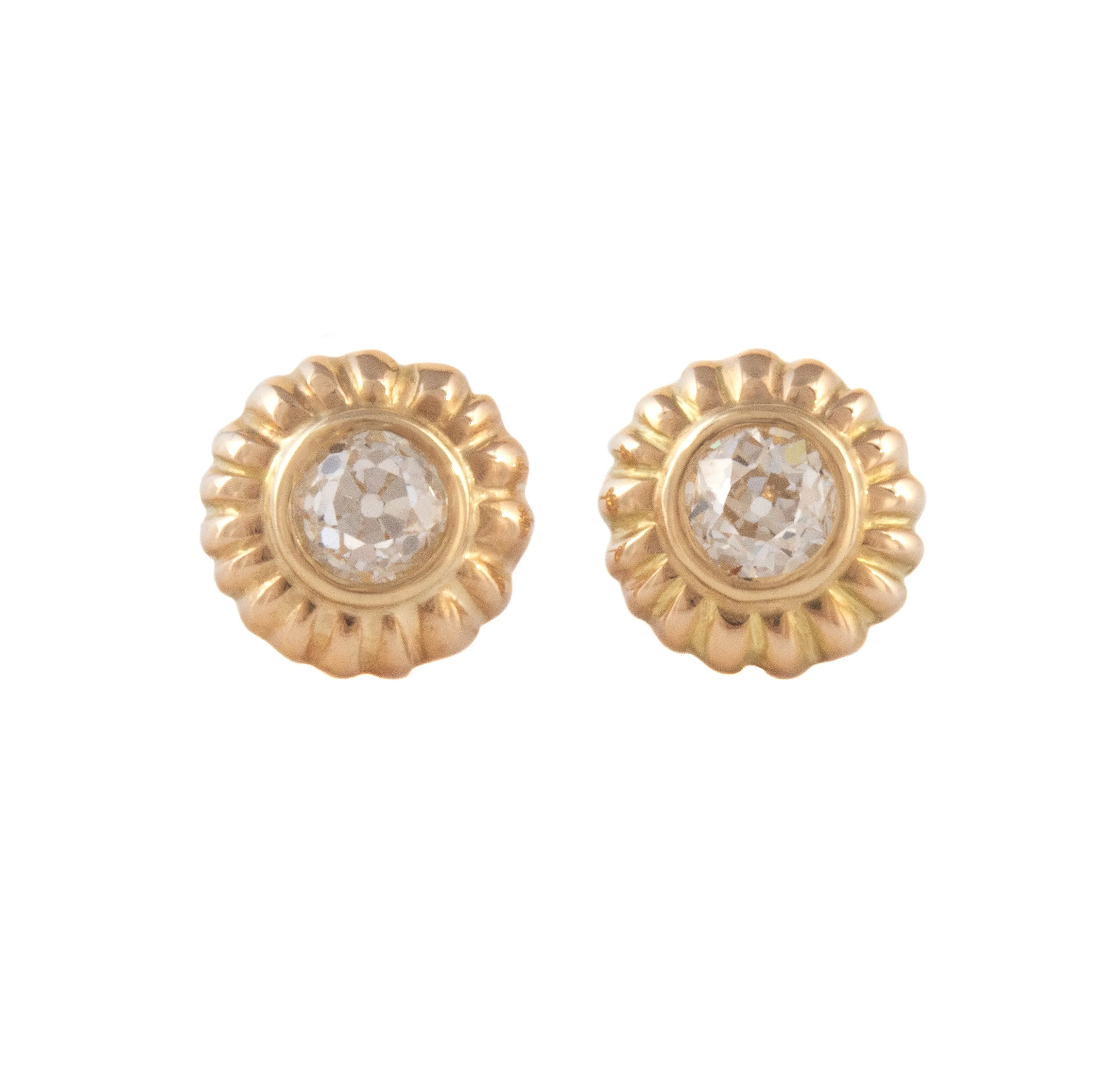 Carved Stud Earrings with European Cut Diamonds