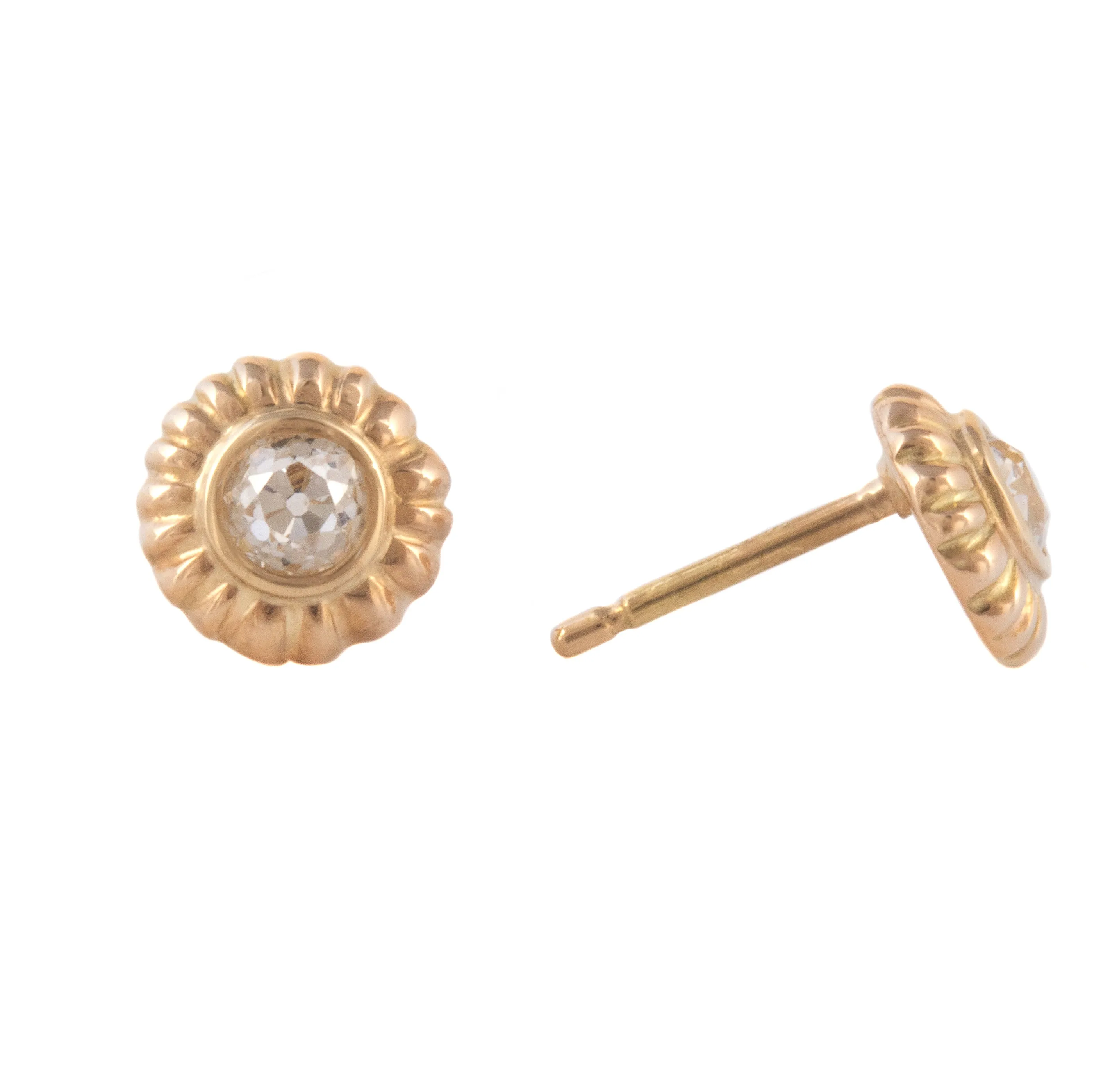 Carved Stud Earrings with European Cut Diamonds