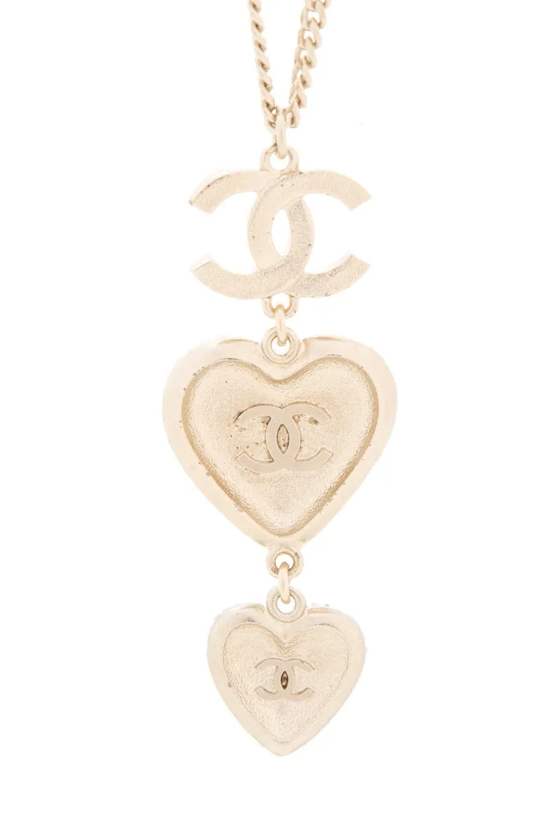 Chanel 2022 Crystal Heart Pendant Long Gold Necklace