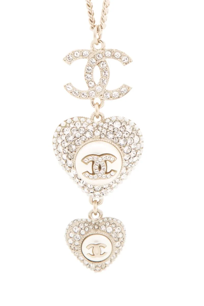 Chanel 2022 Crystal Heart Pendant Long Gold Necklace