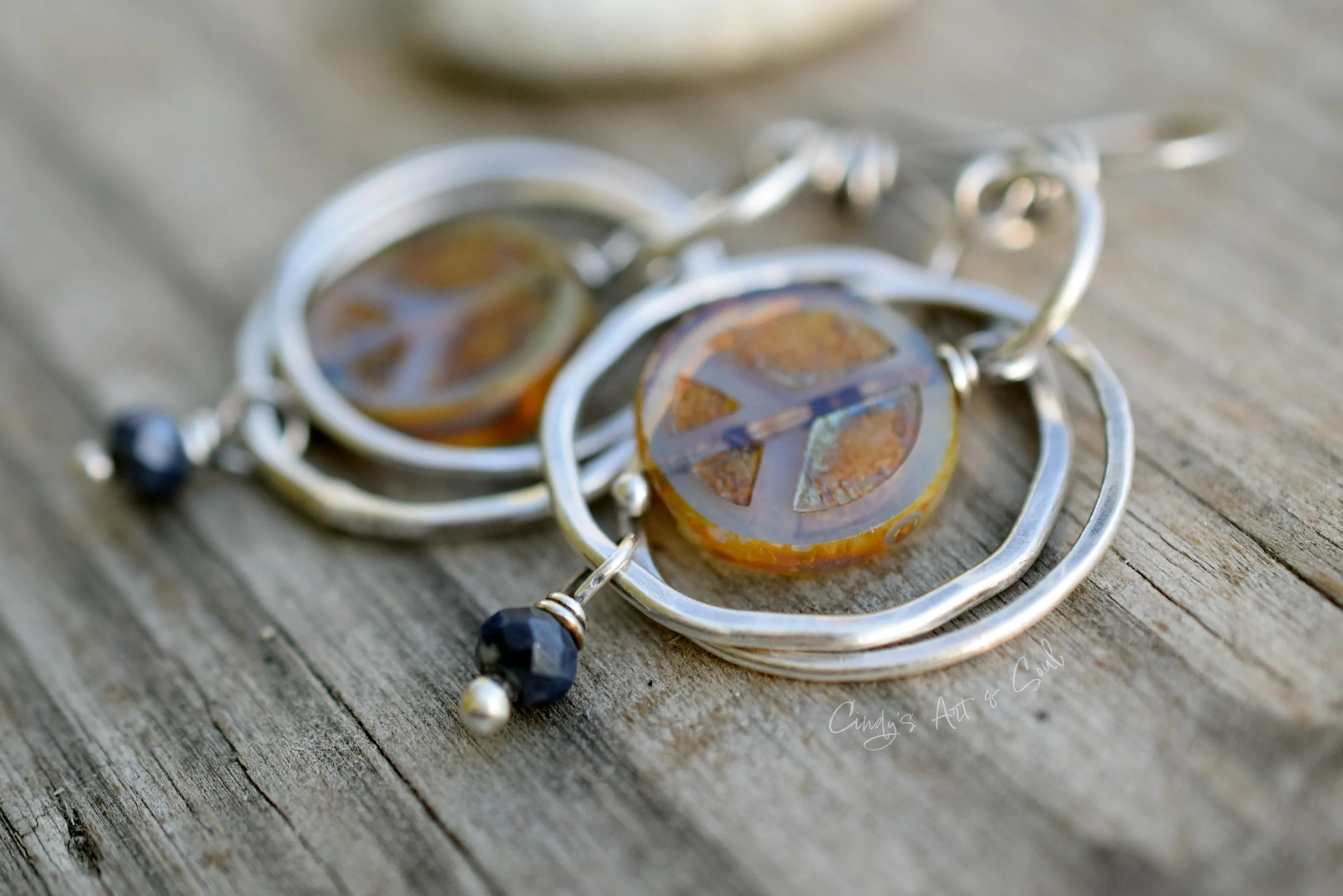 Handcrafted Silver Hoops. Peace Earrings. Peace Sign Jewelry. Boho Hippy Girl Gemstone Earrings.