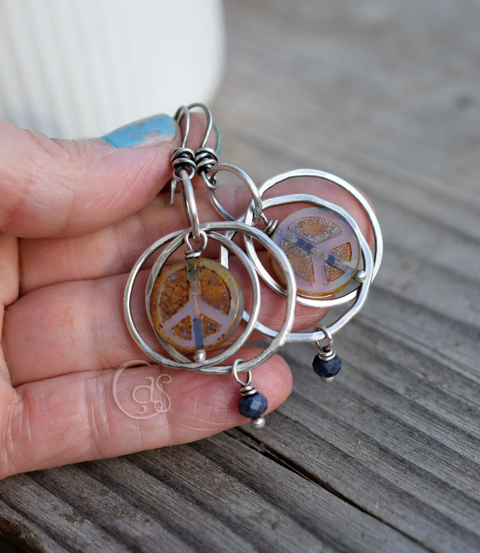 Handcrafted Silver Hoops. Peace Earrings. Peace Sign Jewelry. Boho Hippy Girl Gemstone Earrings.