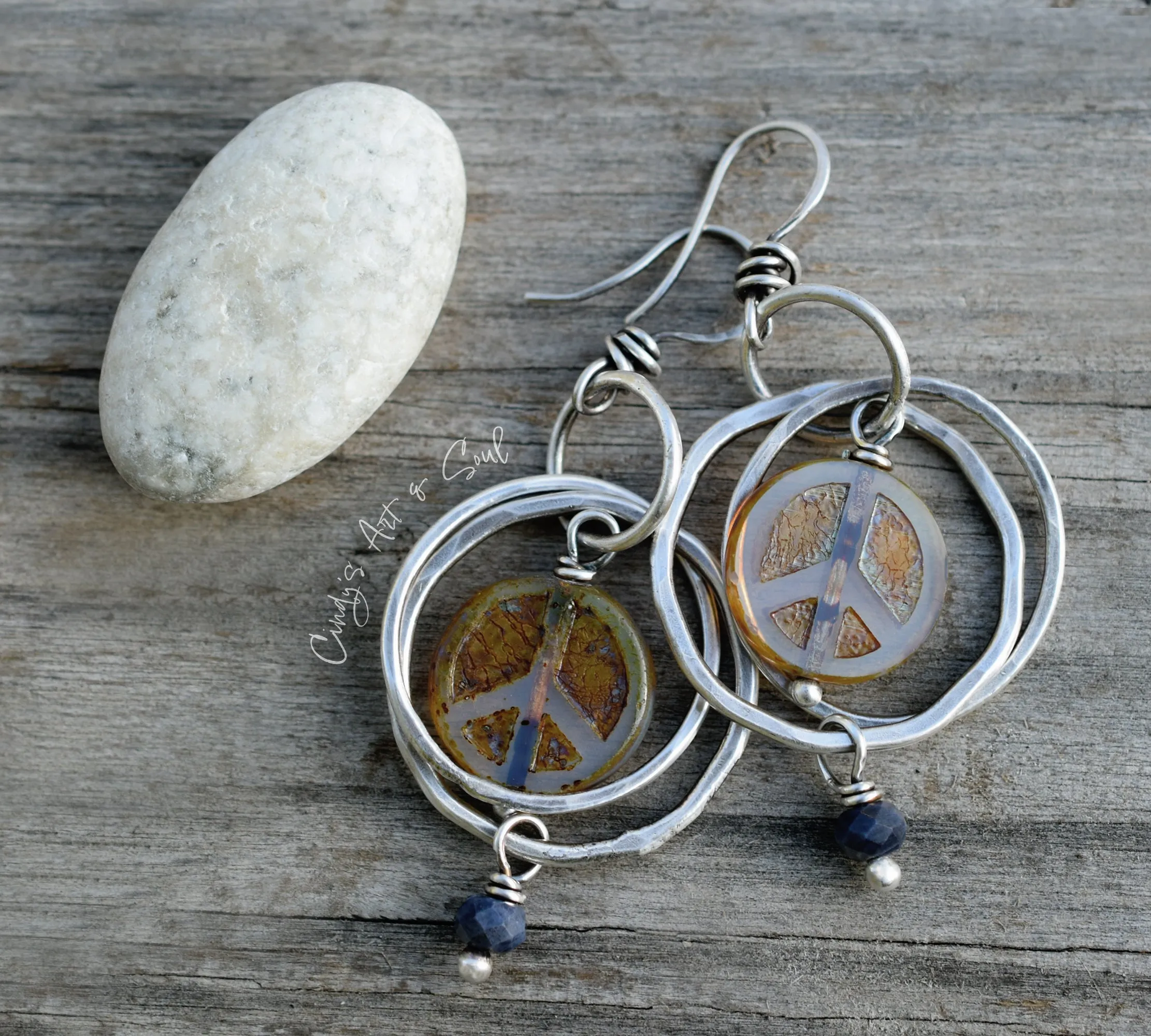 Handcrafted Silver Hoops. Peace Earrings. Peace Sign Jewelry. Boho Hippy Girl Gemstone Earrings.