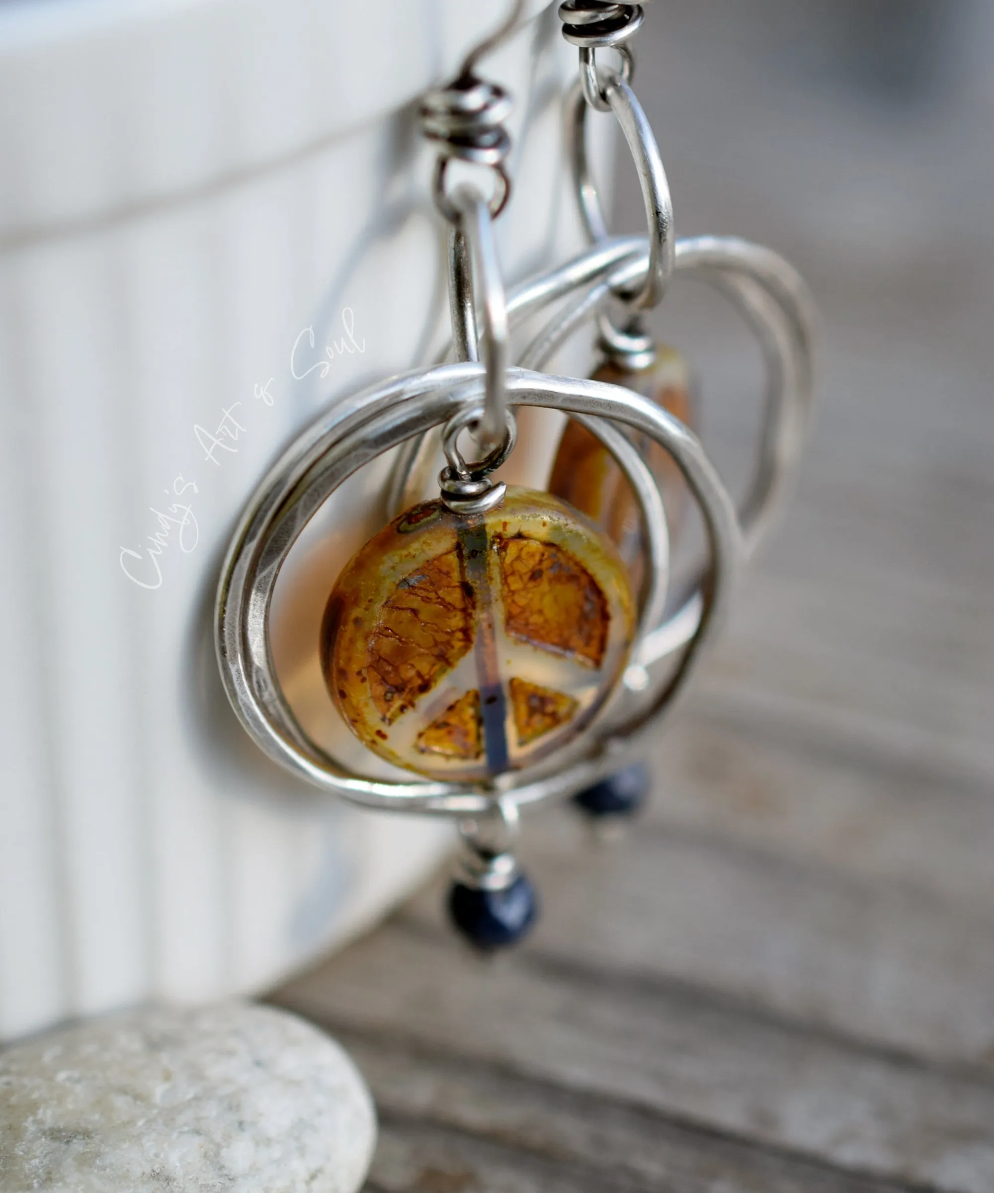 Handcrafted Silver Hoops. Peace Earrings. Peace Sign Jewelry. Boho Hippy Girl Gemstone Earrings.