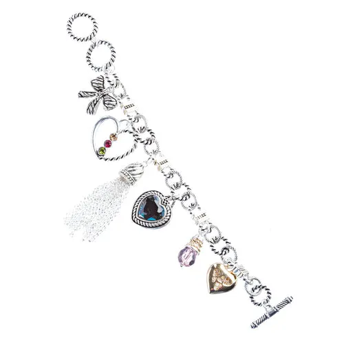 Heart Bow Charm Crystal Gem Toggle Link Bracelet Multi