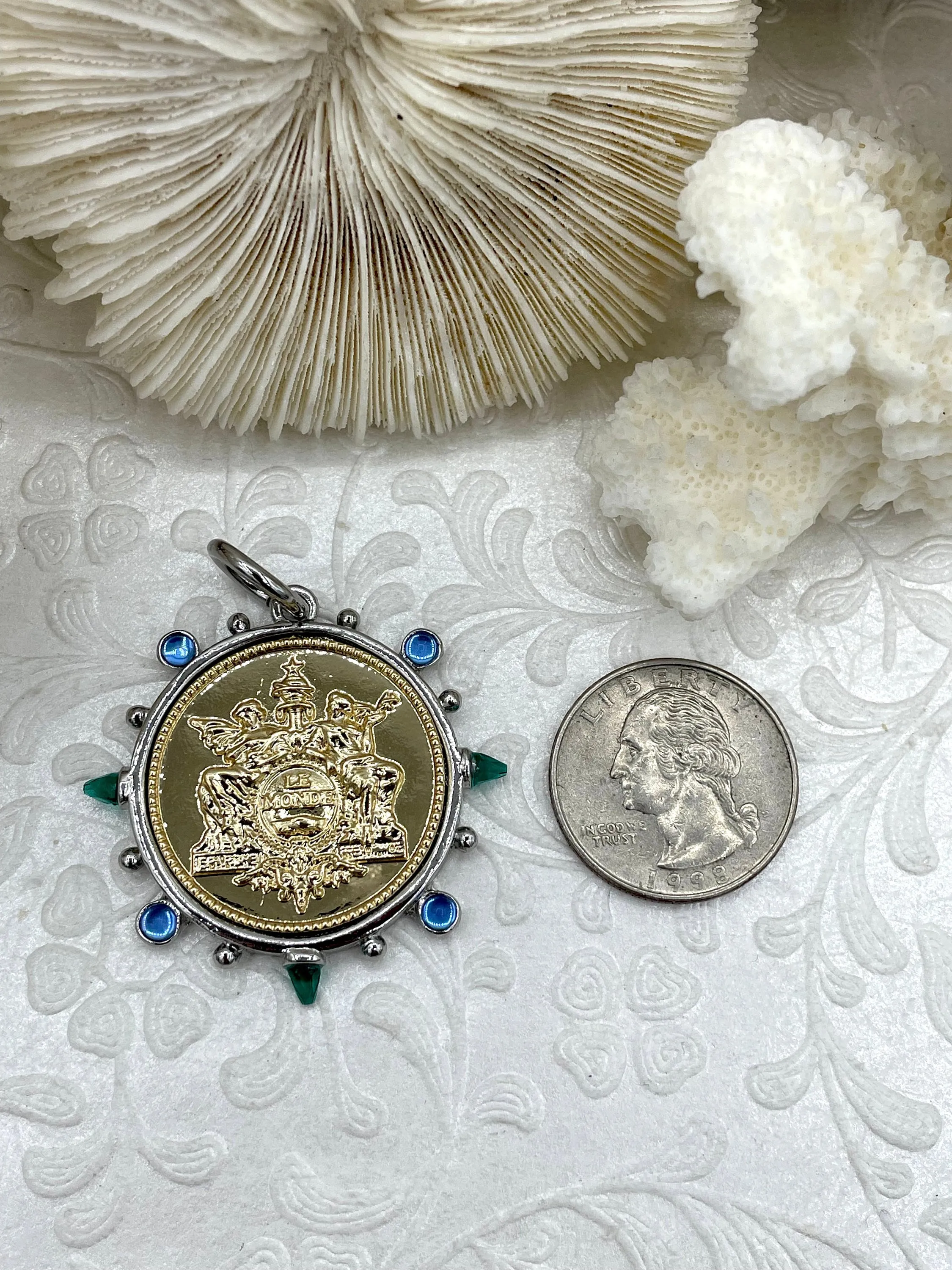 Horse Coin Pendant/French Angel Replica Coin,French Coin Pendant,Equestrian Coin, Emerald CZ Spike/Round Blue crystal Accents Fast Ship