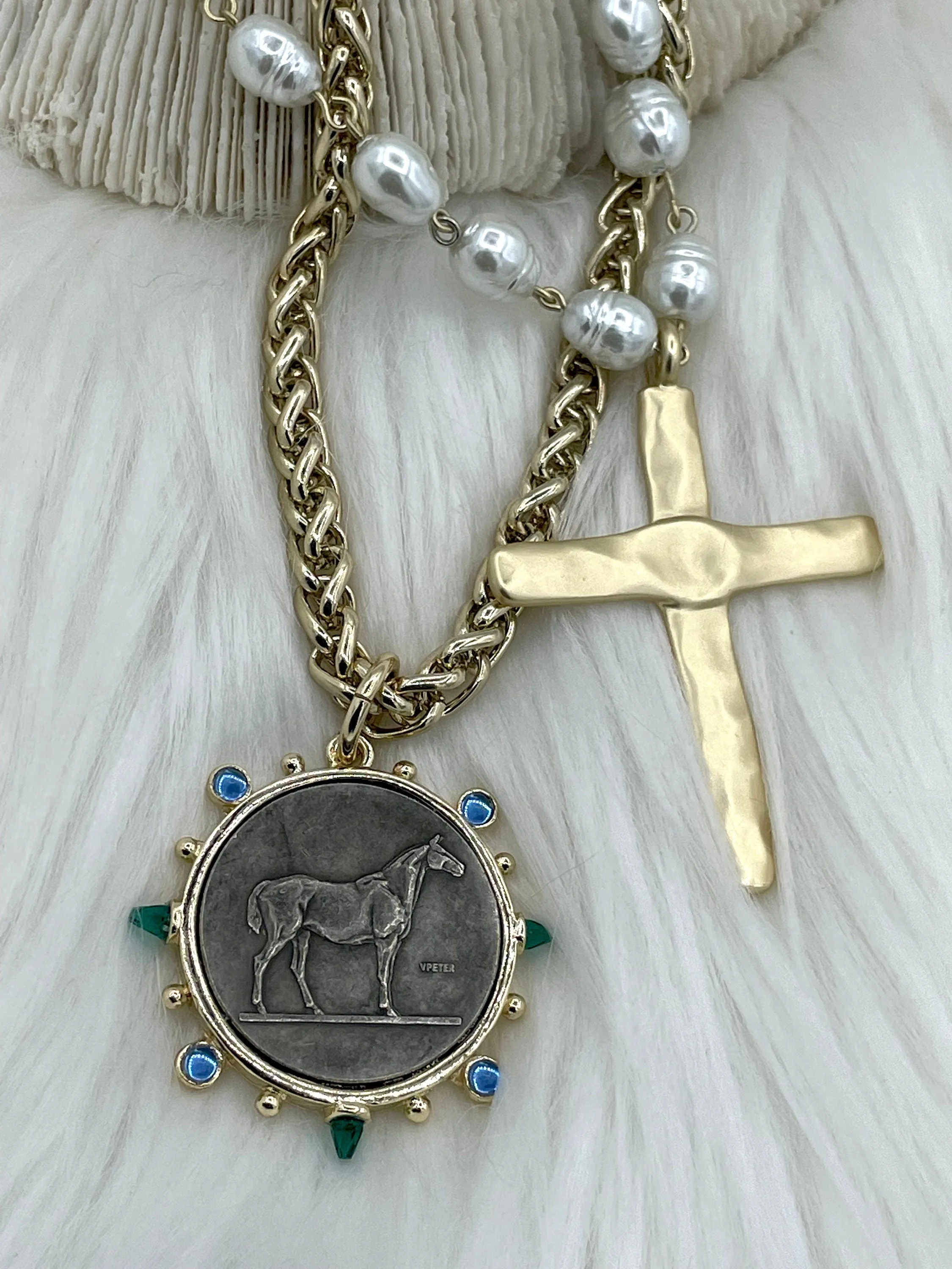 Horse Coin Pendant/French Angel Replica Coin,French Coin Pendant,Equestrian Coin, Emerald CZ Spike/Round Blue crystal Accents Fast Ship