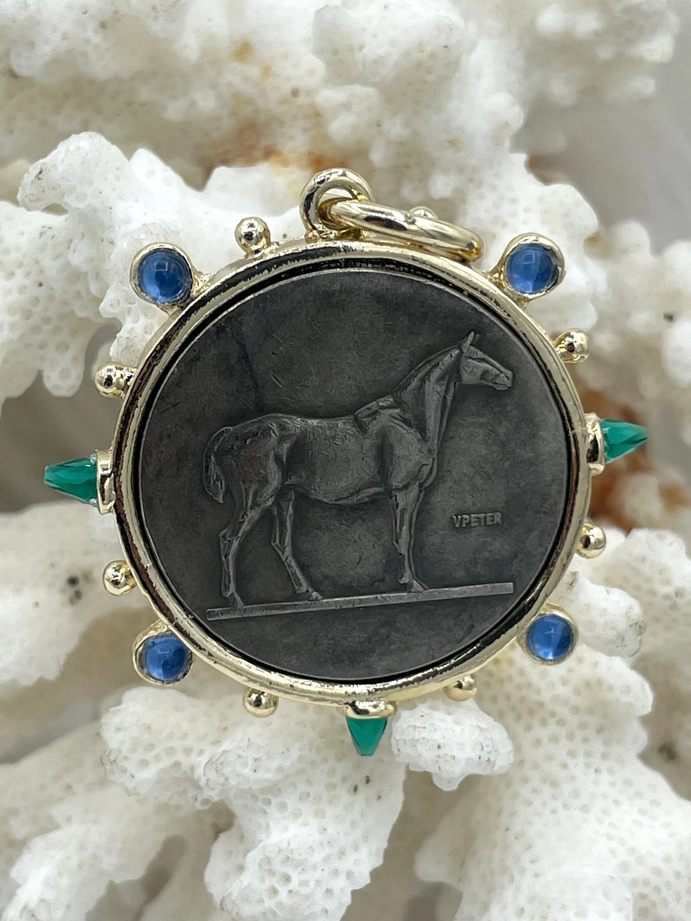 Horse Coin Pendant/French Angel Replica Coin,French Coin Pendant,Equestrian Coin, Emerald CZ Spike/Round Blue crystal Accents Fast Ship