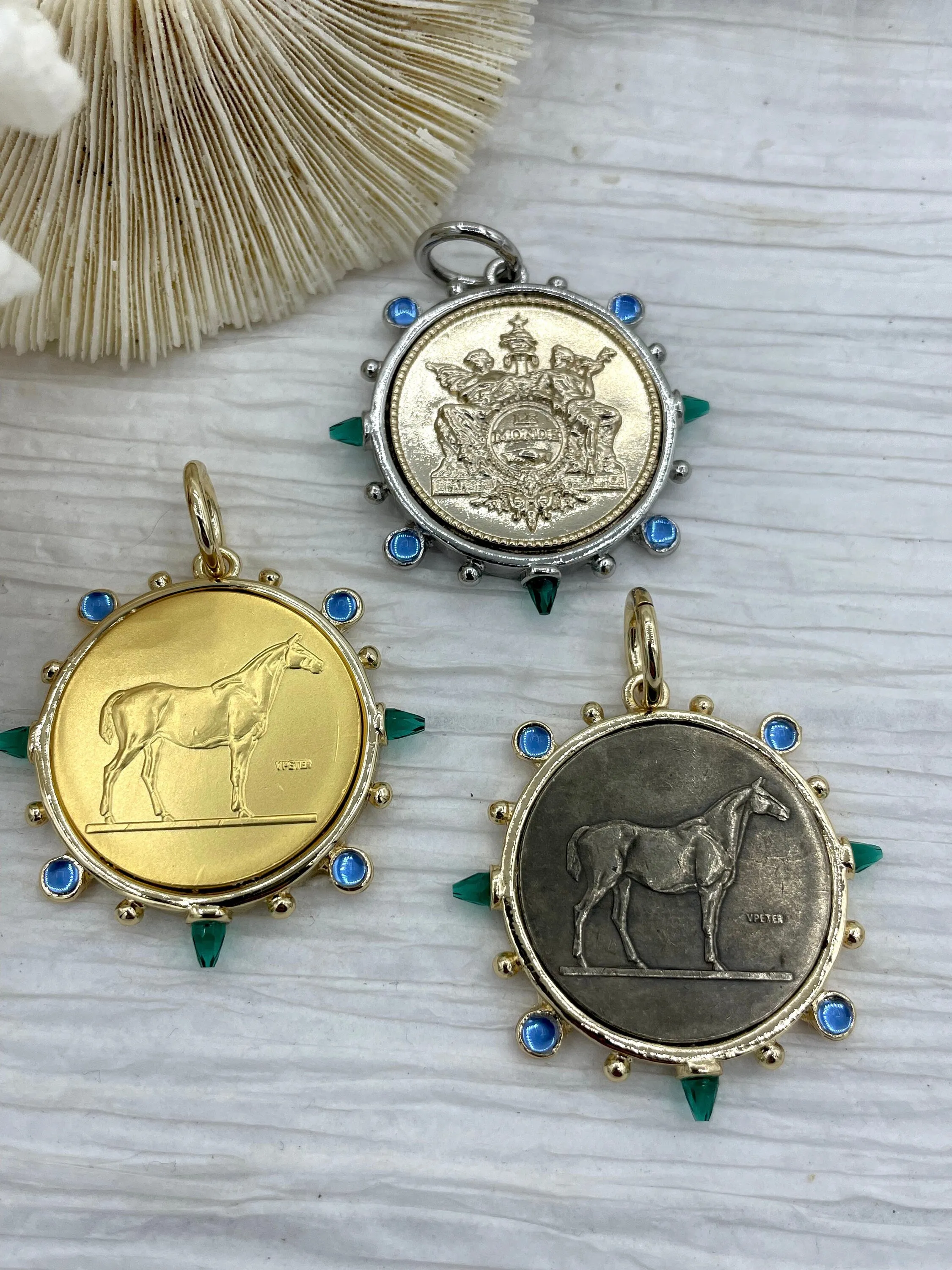 Horse Coin Pendant/French Angel Replica Coin,French Coin Pendant,Equestrian Coin, Emerald CZ Spike/Round Blue crystal Accents Fast Ship