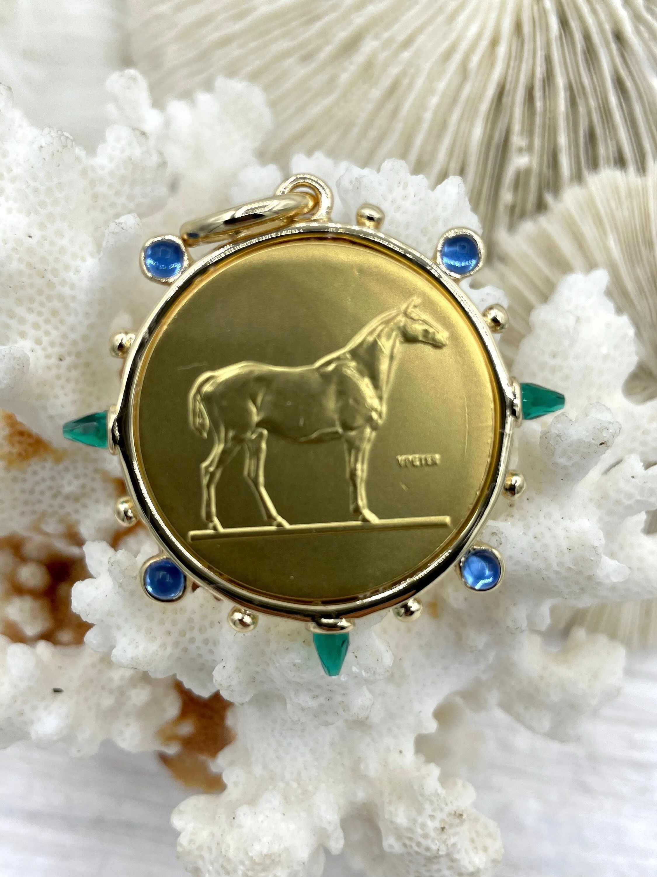 Horse Coin Pendant/French Angel Replica Coin,French Coin Pendant,Equestrian Coin, Emerald CZ Spike/Round Blue crystal Accents Fast Ship