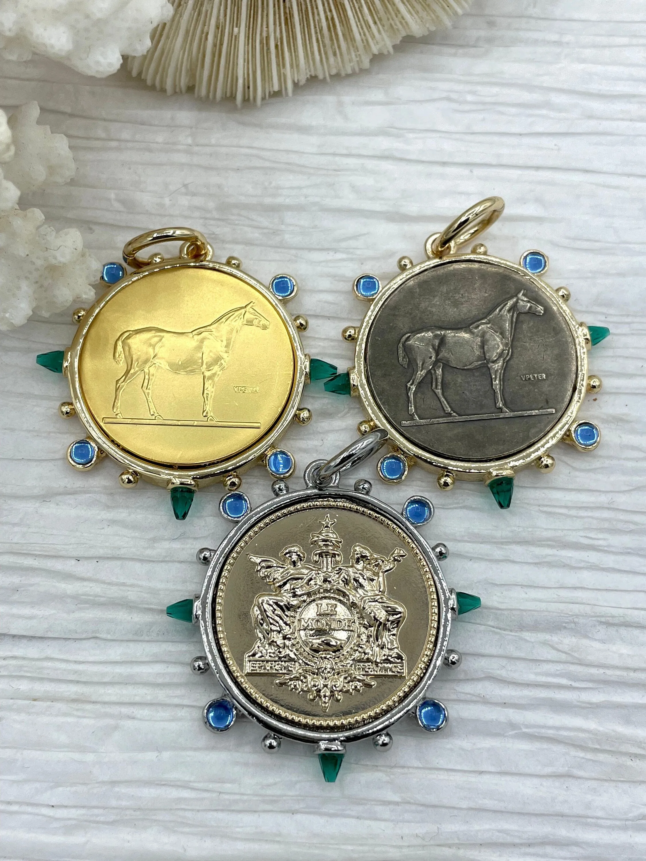 Horse Coin Pendant/French Angel Replica Coin,French Coin Pendant,Equestrian Coin, Emerald CZ Spike/Round Blue crystal Accents Fast Ship