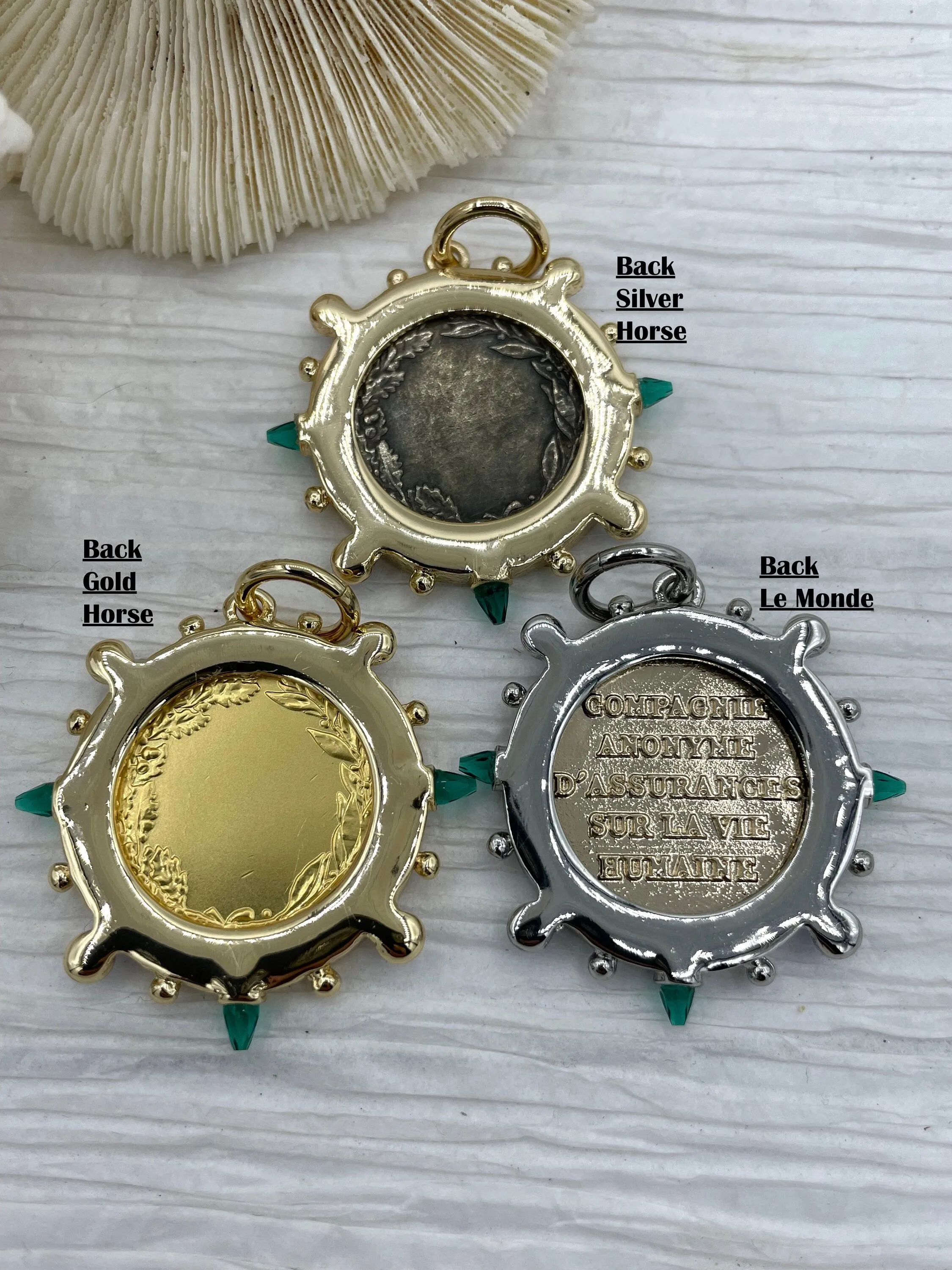 Horse Coin Pendant/French Angel Replica Coin,French Coin Pendant,Equestrian Coin, Emerald CZ Spike/Round Blue crystal Accents Fast Ship