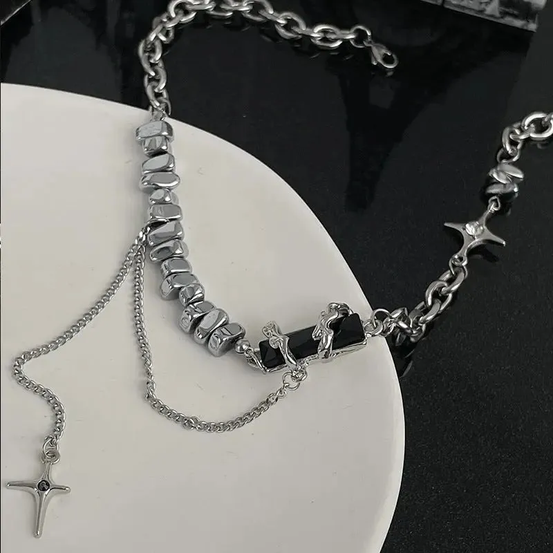 LOVCIA Black Square Block Cross Necklace for Women