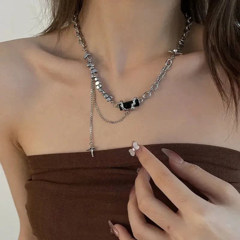 LOVCIA Black Square Block Cross Necklace for Women