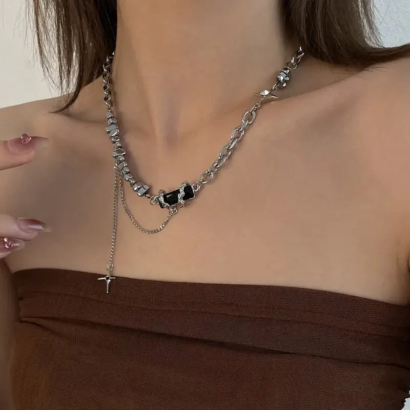 LOVCIA Black Square Block Cross Necklace for Women