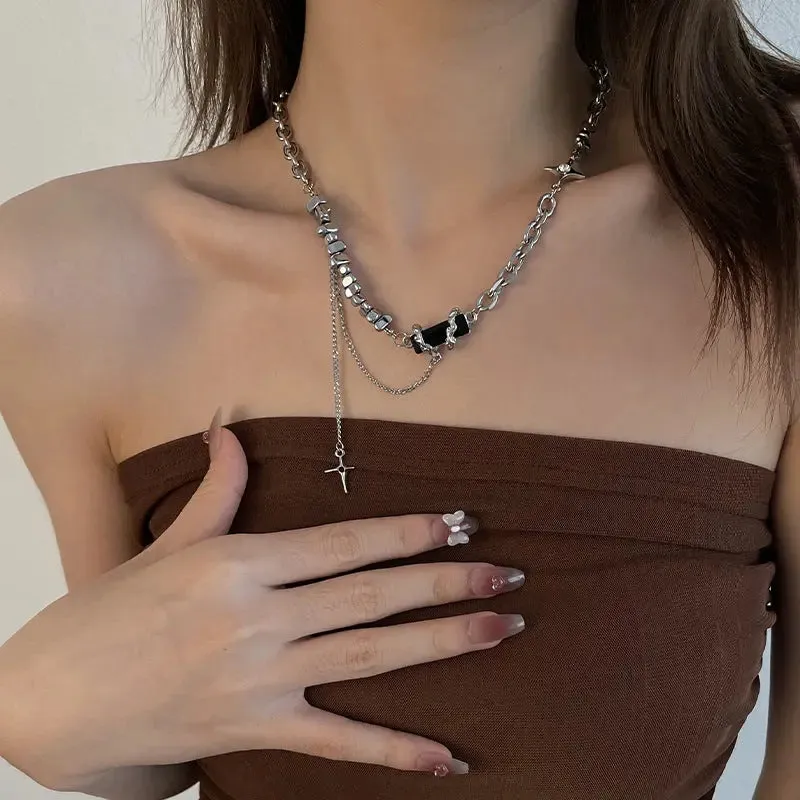 LOVCIA Black Square Block Cross Necklace for Women