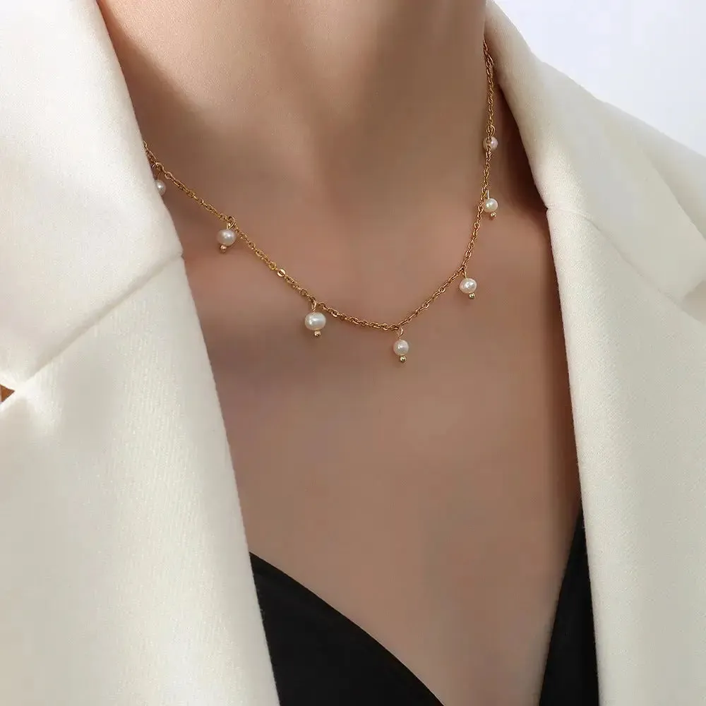LOVCIA Opulent Elegance Pearl Tassel Necklace - Women's Gold Plated Stainless Steel Chain