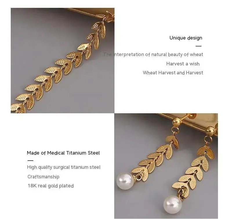 LOVCIA Wheat Leaves Phoenix Tail Necklace Pearl Earrings Jewelry, Titanium Steel Plated 18K Gold Color Protection