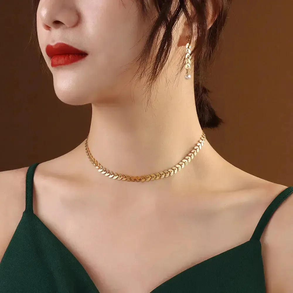 LOVCIA Wheat Leaves Phoenix Tail Necklace Pearl Earrings Jewelry, Titanium Steel Plated 18K Gold Color Protection