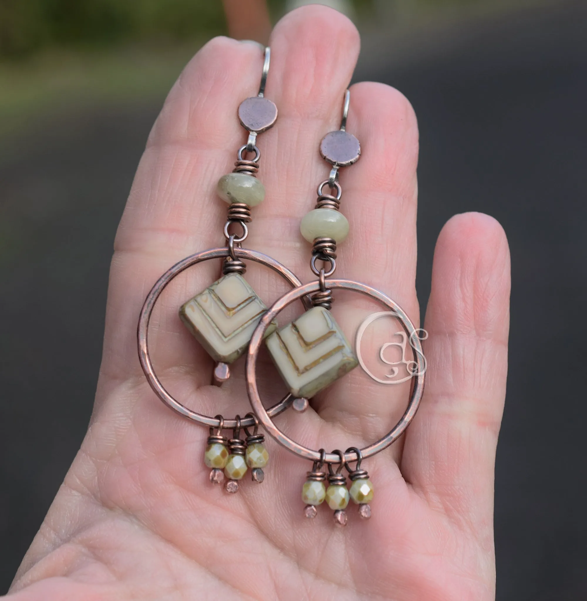 Sage. Boho-Style Long Hoop Earrings. Handcrafted Green Aquamarine Gemstone Hoops.