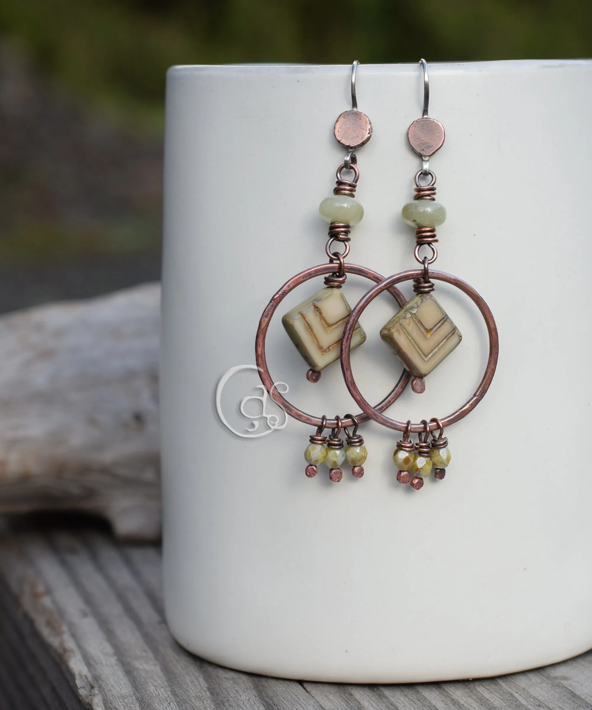 Sage. Boho-Style Long Hoop Earrings. Handcrafted Green Aquamarine Gemstone Hoops.