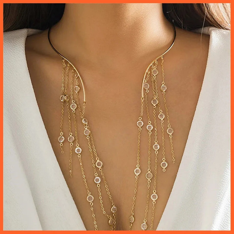 Sexy Goth Long Tassel Star Crystal Sequin Pendant Open Torques Choker Necklace For Women