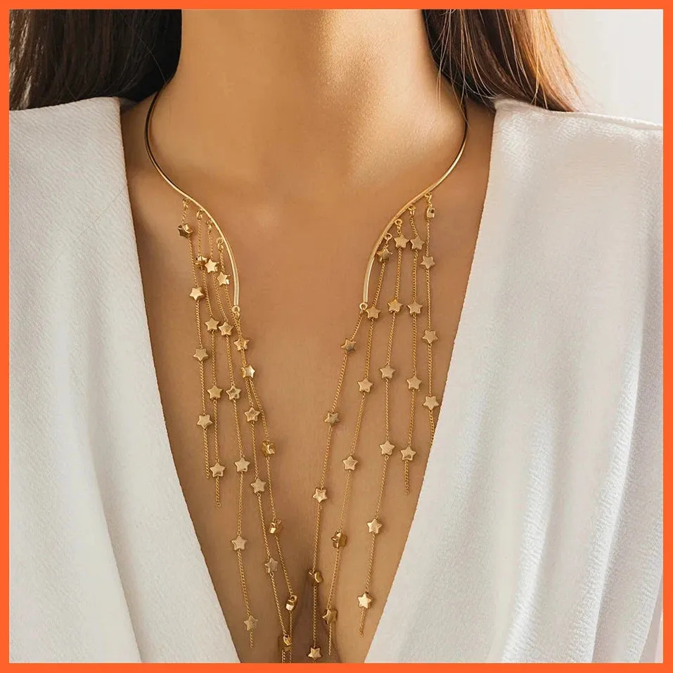 Sexy Goth Long Tassel Star Crystal Sequin Pendant Open Torques Choker Necklace For Women