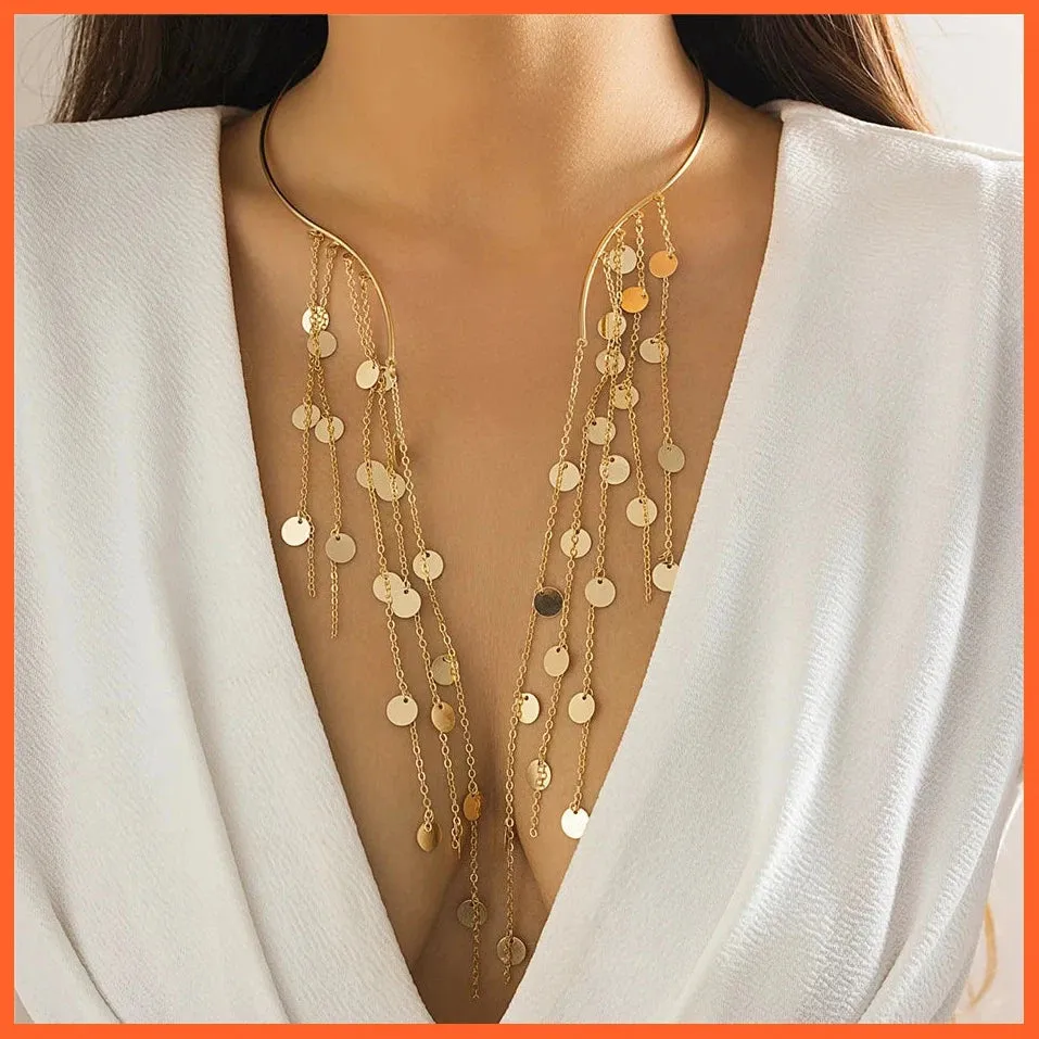 Sexy Goth Long Tassel Star Crystal Sequin Pendant Open Torques Choker Necklace For Women