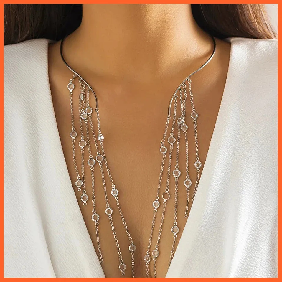 Sexy Goth Long Tassel Star Crystal Sequin Pendant Open Torques Choker Necklace For Women