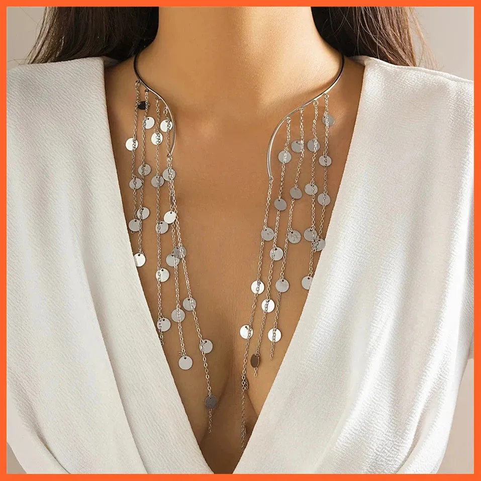 Sexy Goth Long Tassel Star Crystal Sequin Pendant Open Torques Choker Necklace For Women