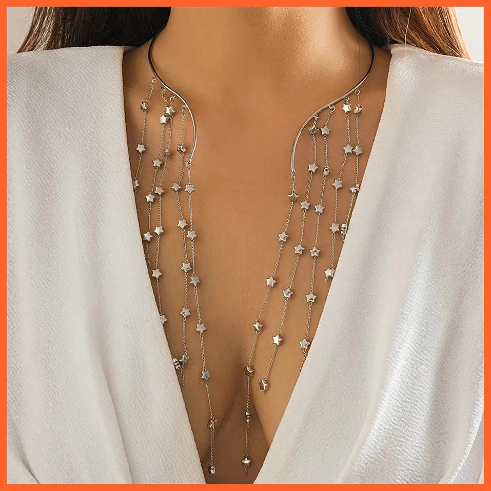 Sexy Goth Long Tassel Star Crystal Sequin Pendant Open Torques Choker Necklace For Women