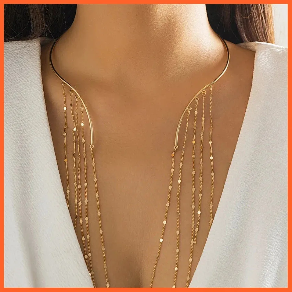 Sexy Goth Long Tassel Star Crystal Sequin Pendant Open Torques Choker Necklace For Women