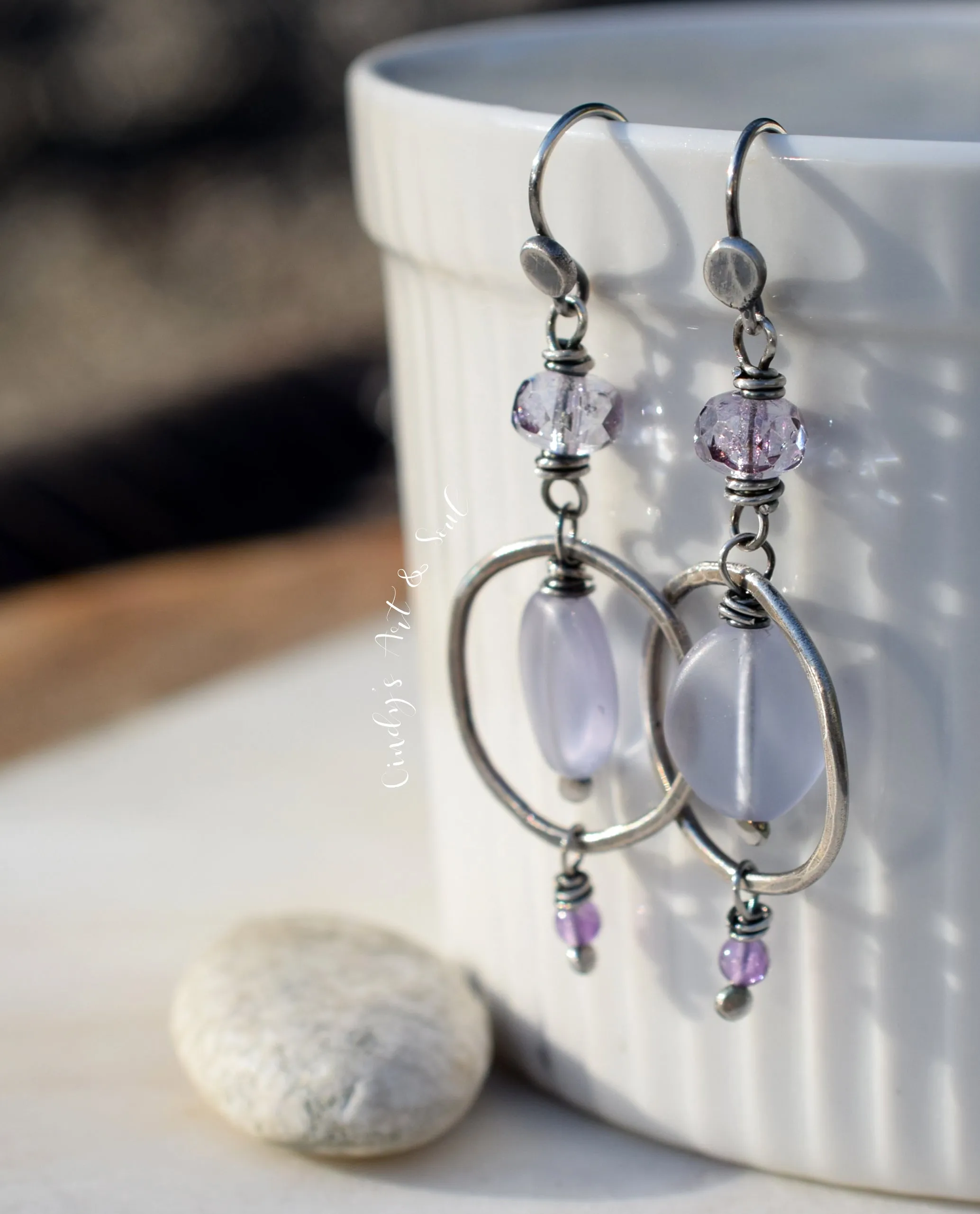 Silver Hoop Earrings with Amethyst Gemstones. Sterling Silver Handcrafted Purple Czech Glass Earrings.