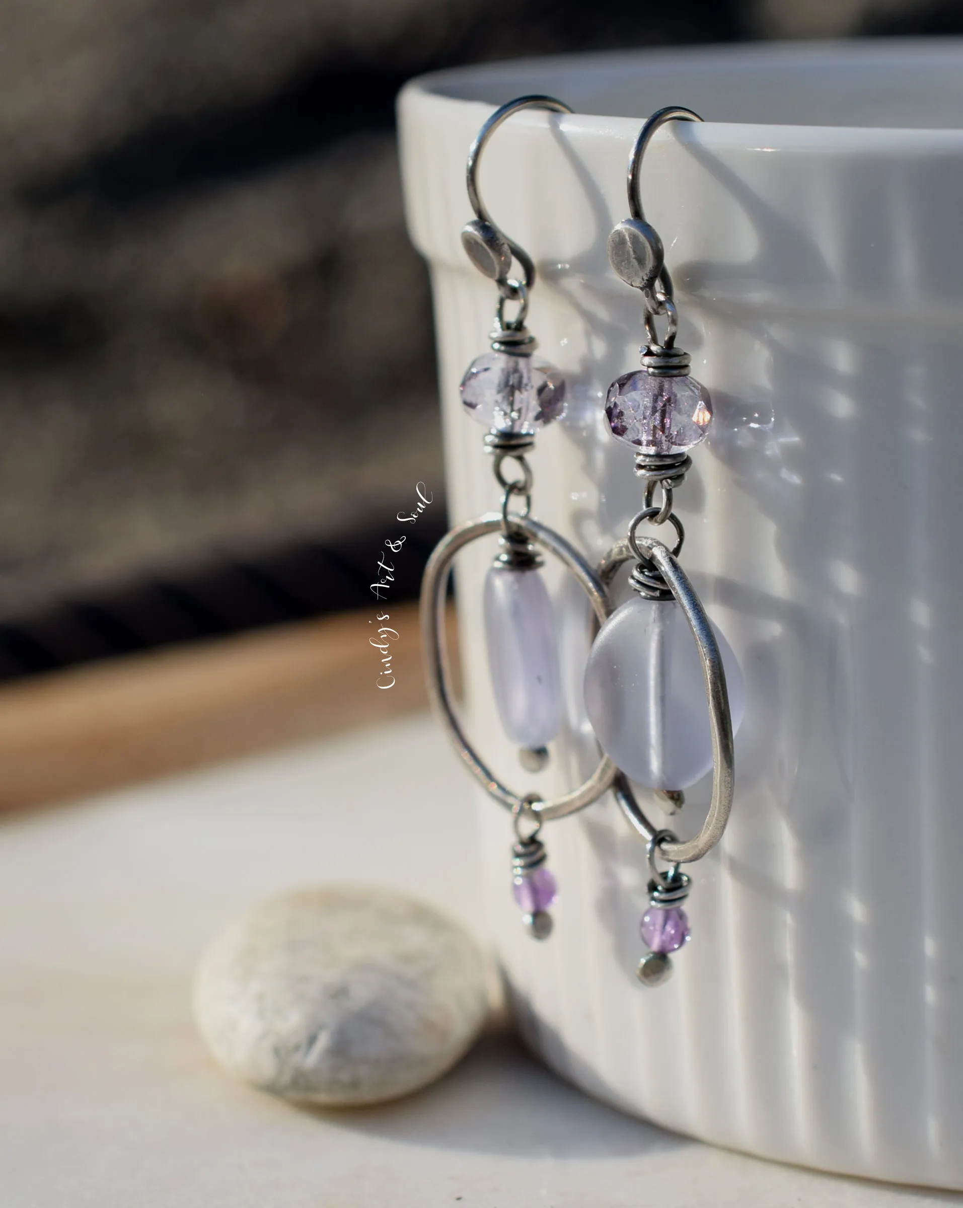Silver Hoop Earrings with Amethyst Gemstones. Sterling Silver Handcrafted Purple Czech Glass Earrings.