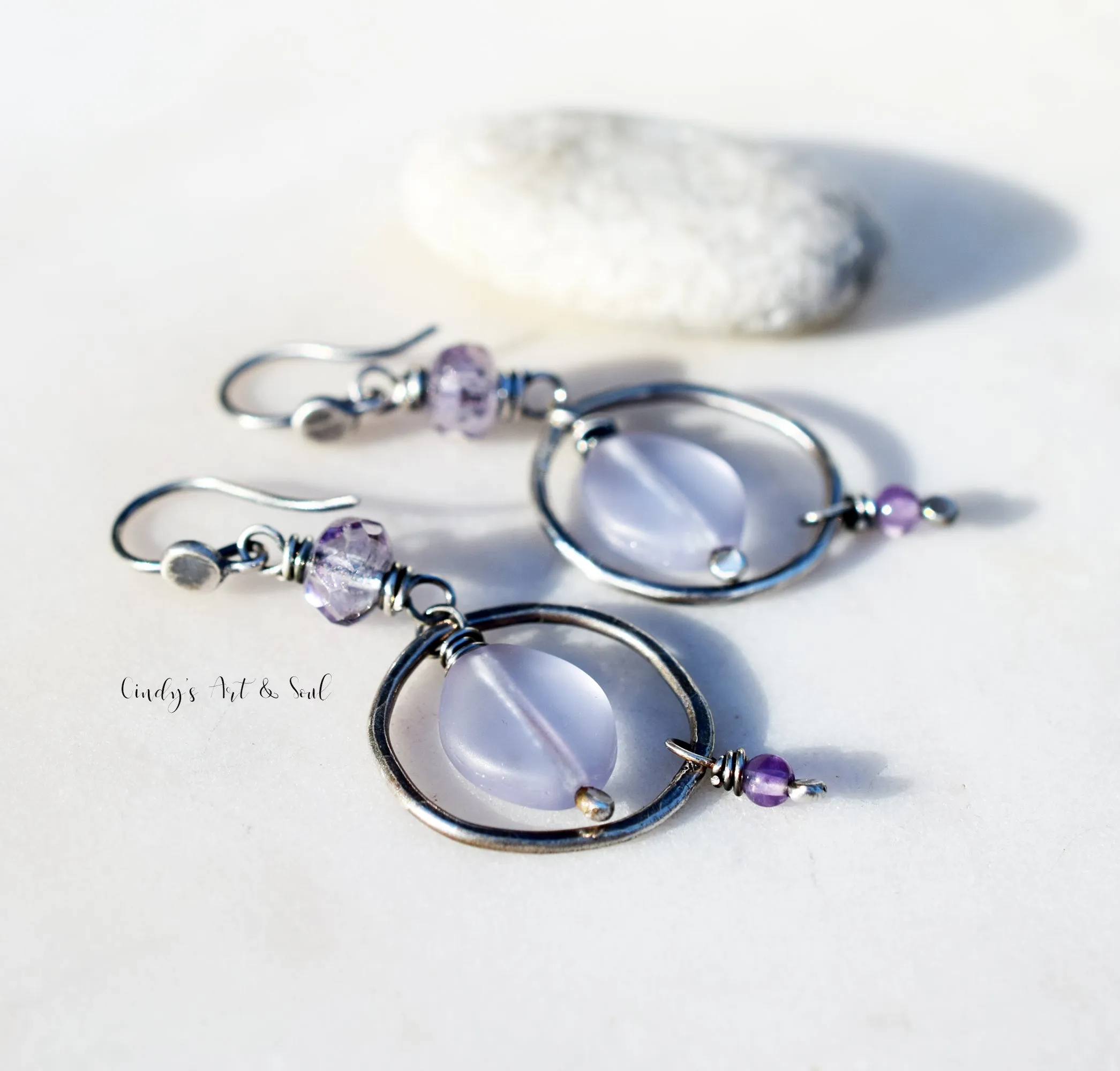 Silver Hoop Earrings with Amethyst Gemstones. Sterling Silver Handcrafted Purple Czech Glass Earrings.