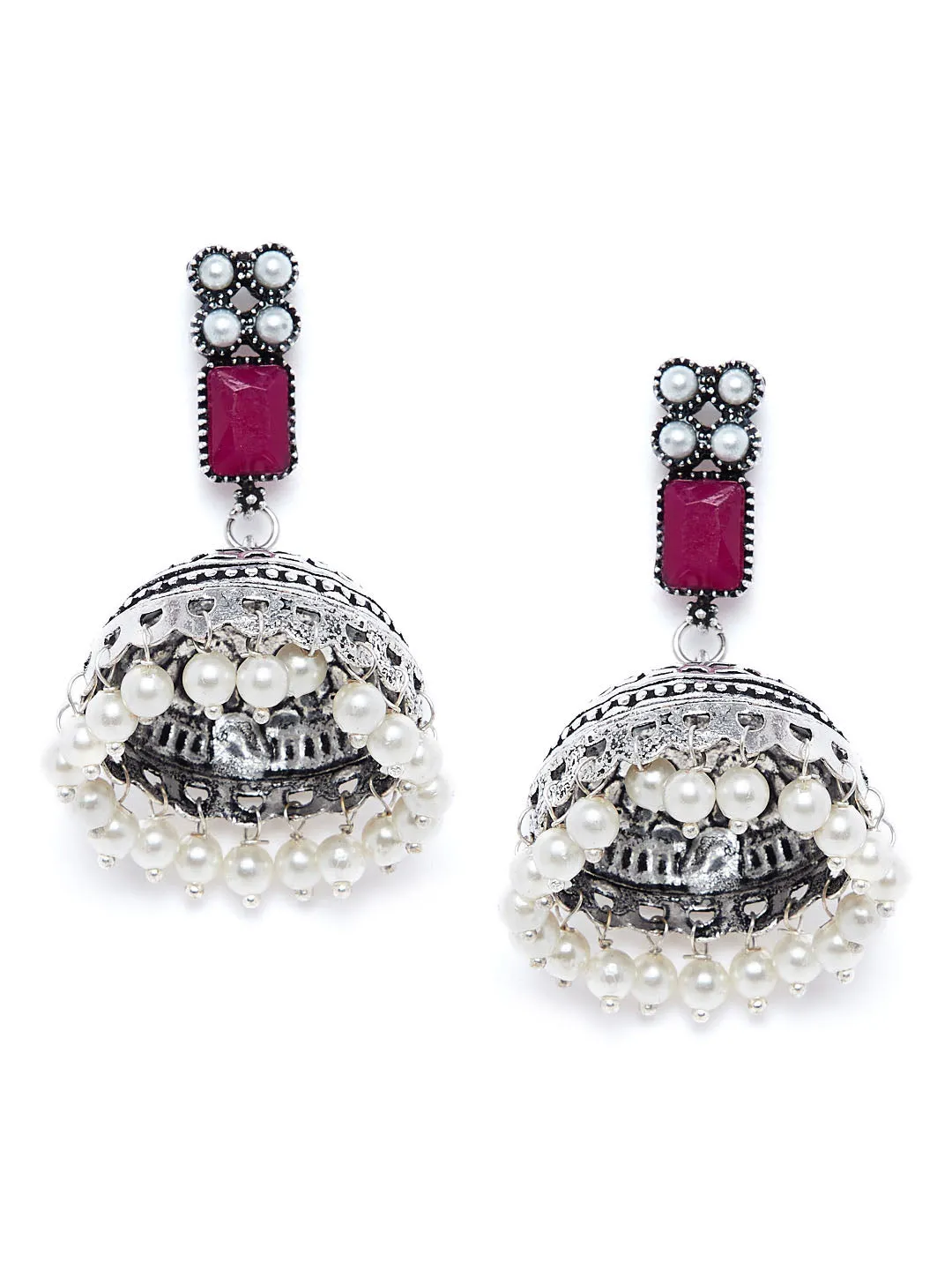Silver-Plated & Pink Oxidised Jhumkas
