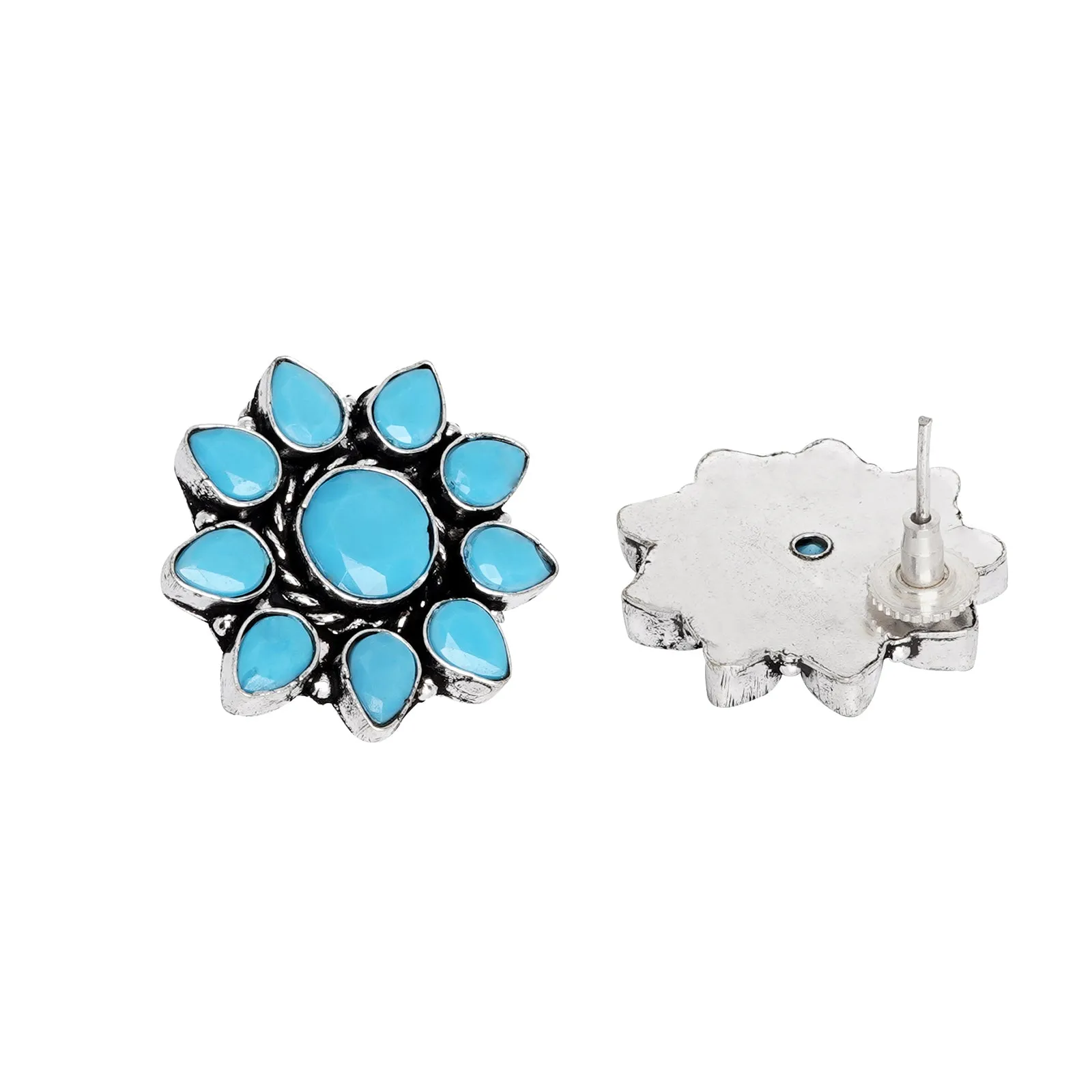 Teejh Hrida Turquoise Stone Silver Oxidised Stud Earrings