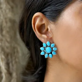 Teejh Hrida Turquoise Stone Silver Oxidised Stud Earrings
