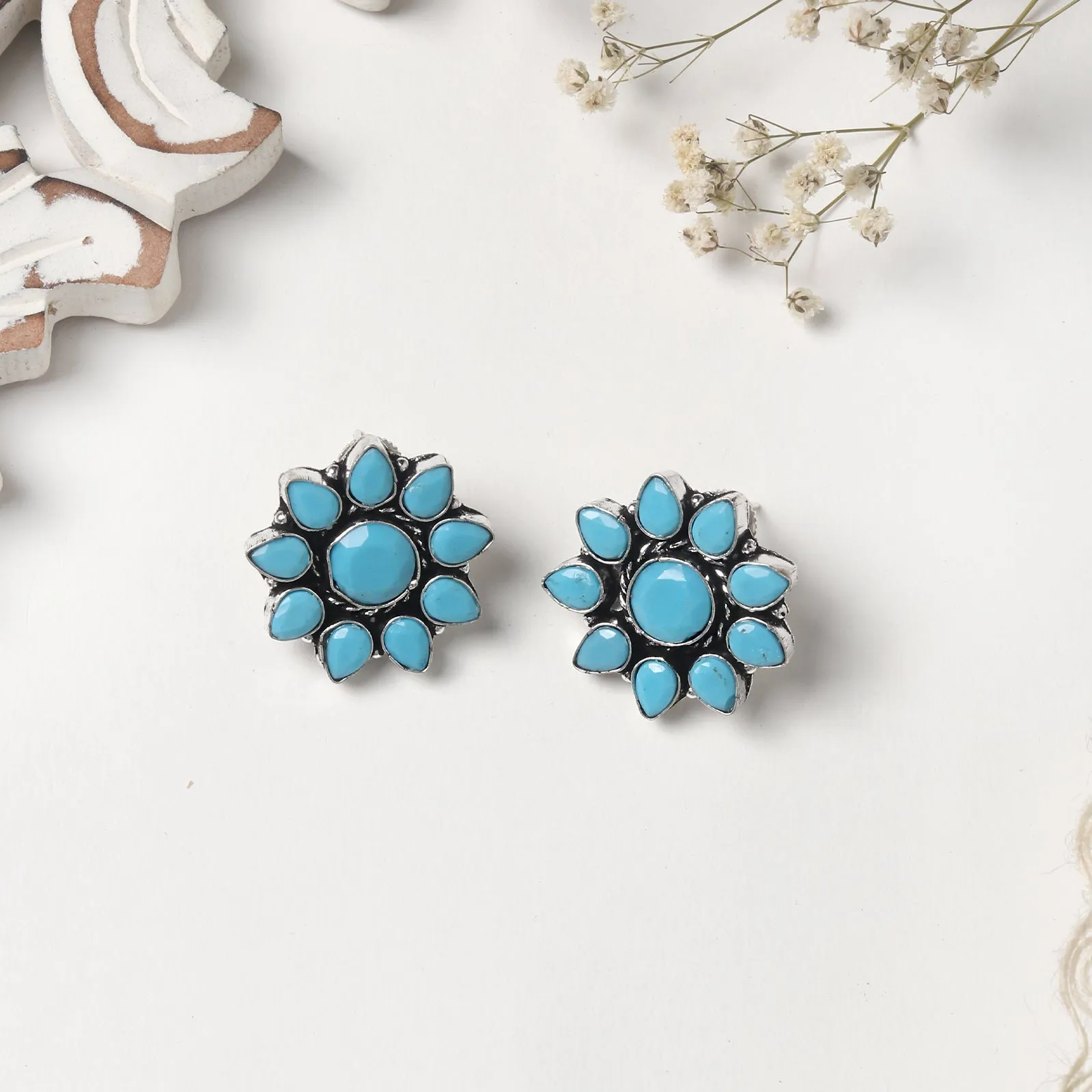 Teejh Hrida Turquoise Stone Silver Oxidised Stud Earrings