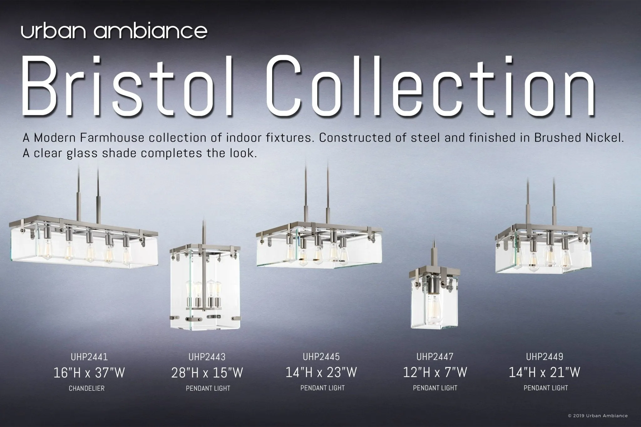 UHP2441 Modern Farmhouse Chandelier, 15-3/4"H x 36-3/4"W, Brushed Nickel Finish, Bristol Collection